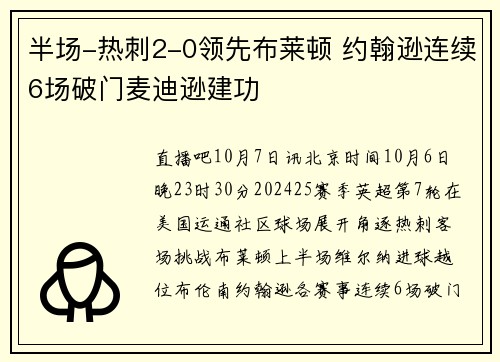 半场-热刺2-0领先布莱顿 约翰逊连续6场破门麦迪逊建功
