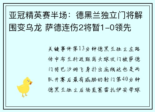 亚冠精英赛半场：德黑兰独立门将解围变乌龙 萨德连伤2将暂1-0领先